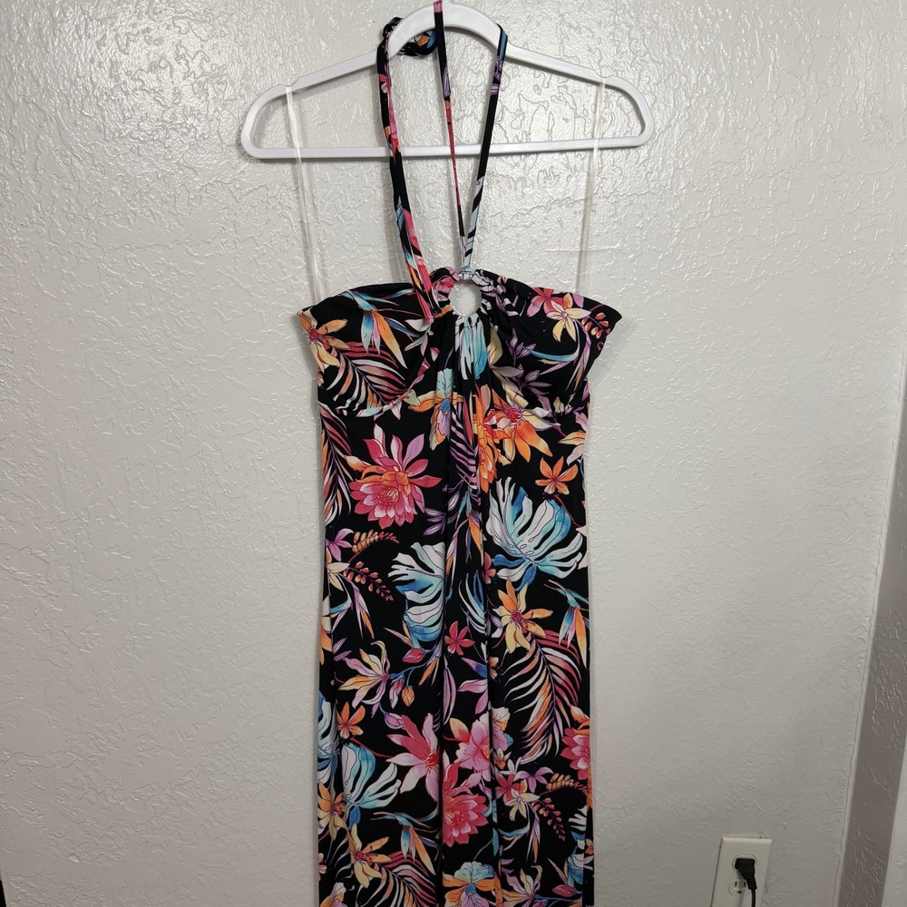 No Boundaries Tropical Floral Halter Maxi Dress Black Multicolor XXL 19